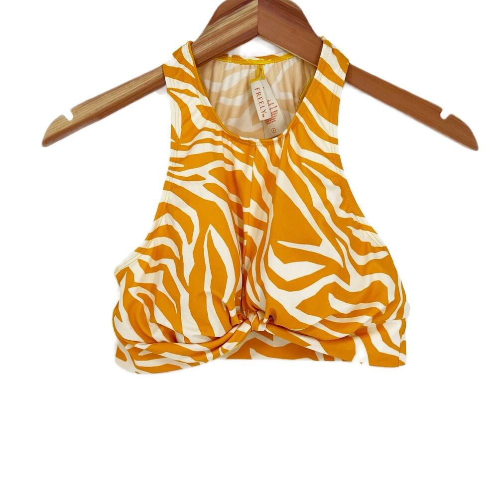 NEW Freely Knotted High Neck Midkini Swimsuit Bikini Top Yellow Zebra sz Small